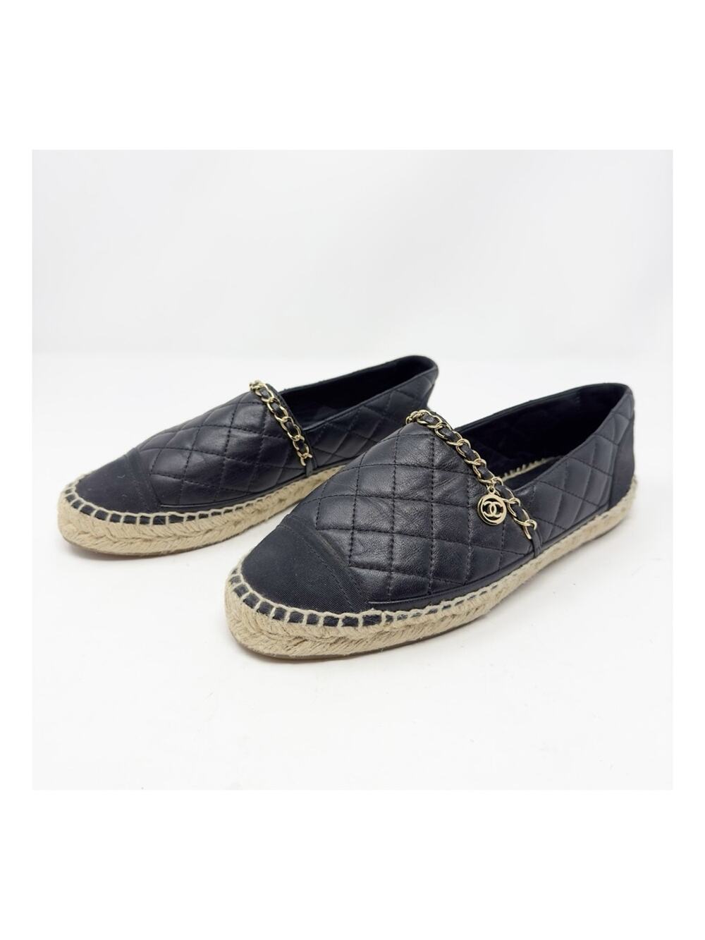 Chanel Lambskin CC Quilted Chain Espadrilles Womens Size 38